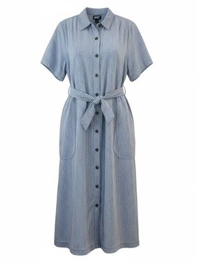 Lands End Blue White Stripe Lyocell Midi Shirtdress Belted Pockets L 14-16